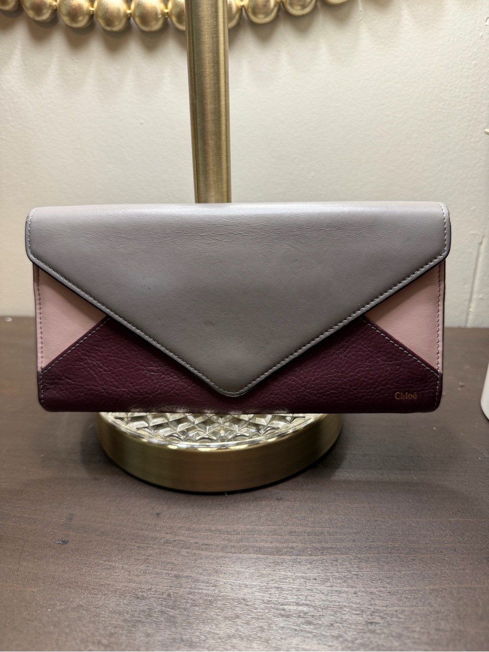 Celine Colorblocked Leather Envelope Wallet - Gray, Pink, Burgundy